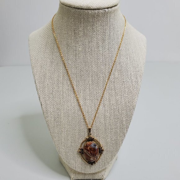 Red Orange Madagascar Agate Necklace‎ Gold Tone Gem - Picture 2 of 7